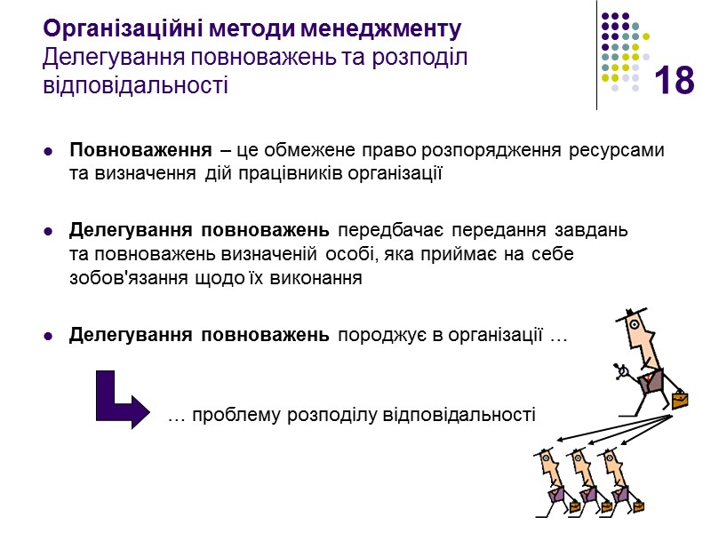 18 Організаційні методи менеджменту Делегування повноважень та розподіл відповідальності Повноваження – це обмежене право